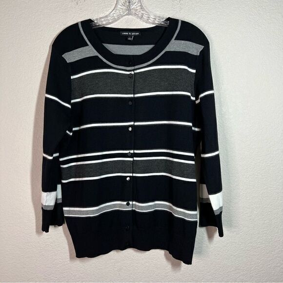 Cable &‎ Gauge Womens Gray Black Button Up Cardigan Size XL Striped Crew Neck - Picture 1 of 7